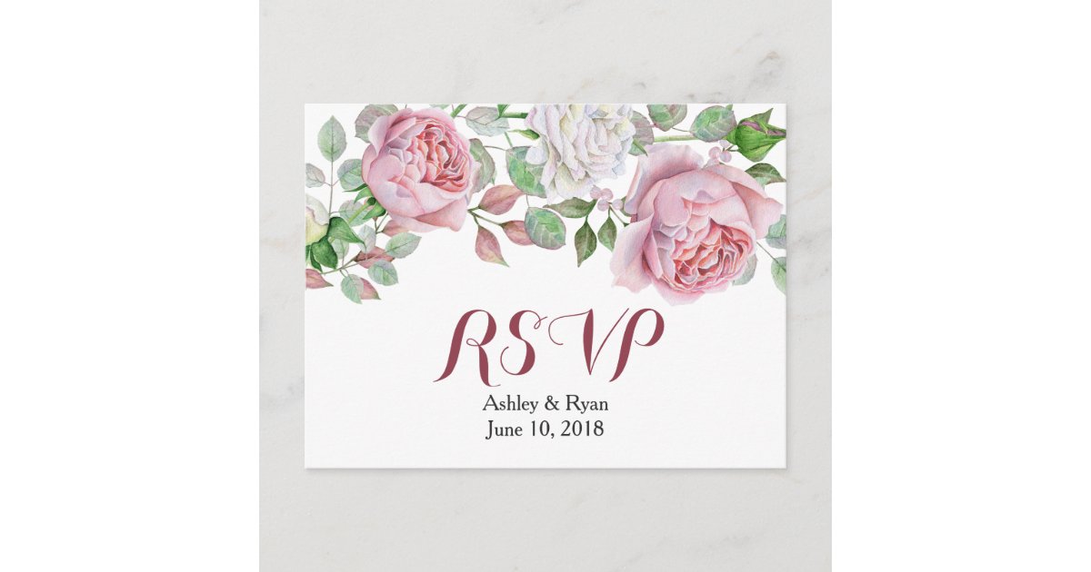 Burgundy Pink Chic Rose Floral Wedding RSVP Invitation Postcard | Zazzle