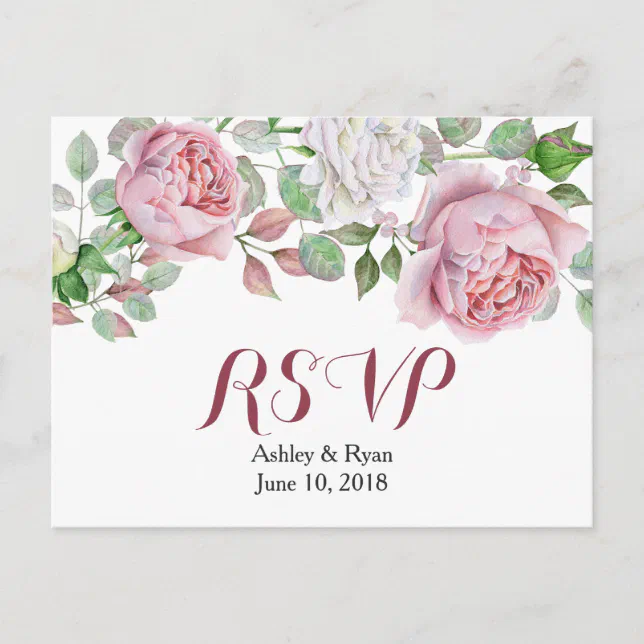 Burgundy Pink Chic Rose Floral Wedding RSVP Invitation Postcard | Zazzle