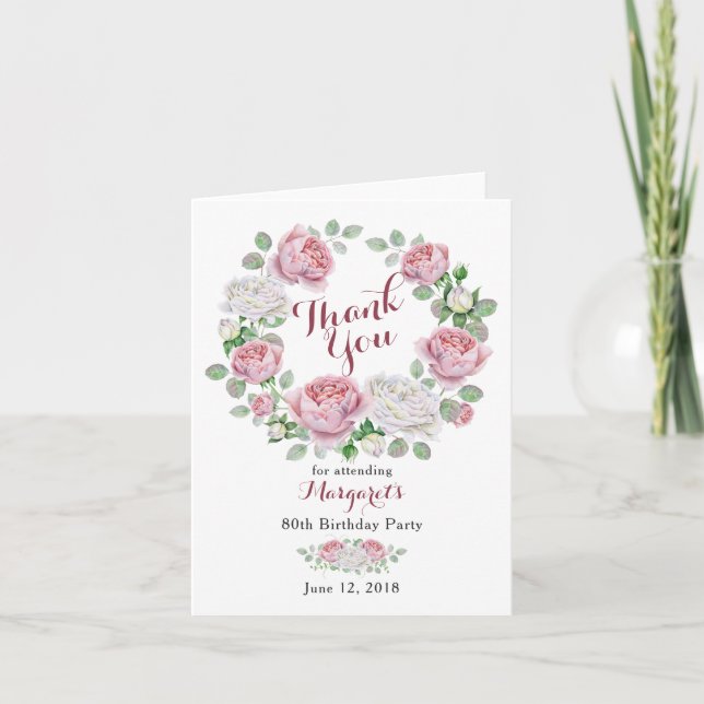 Burgundy Pink Country Rose 80th Birthday Thank You Card (Front)