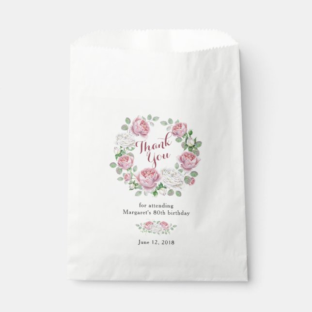 Burgundy Pink Country Rose 80th Birthday Thank You Favor Bag (Front)