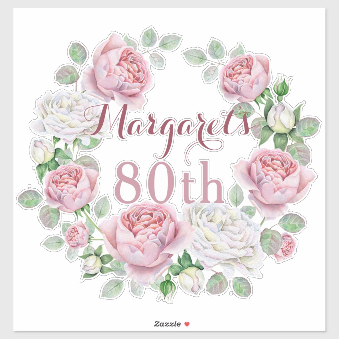 Burgundy Pink Country Rose Floral 80th Birthday Sticker | Zazzle