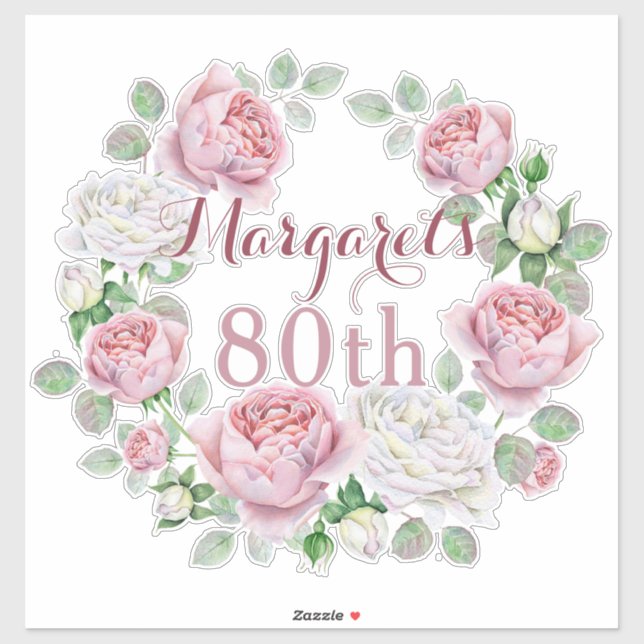 Burgundy Pink Country Rose Floral 80th Birthday Sticker (Sheet)