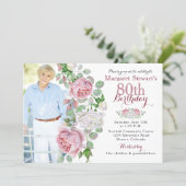 Burgundy Pink Country Rose Photo 80th Birthday Invitation (Standing Front)