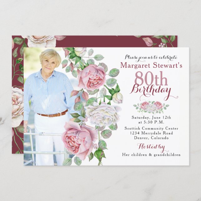 Burgundy Pink Country Rose Photo 80th Birthday Invitation (Front/Back)