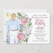 Burgundy Pink Country Rose Photo 80th Birthday Invitation (Front)