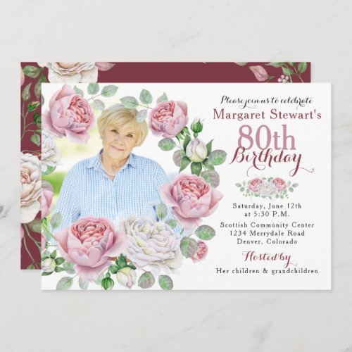 Burgundy Pink Country Rose Wreath Photo Birthday Invitation