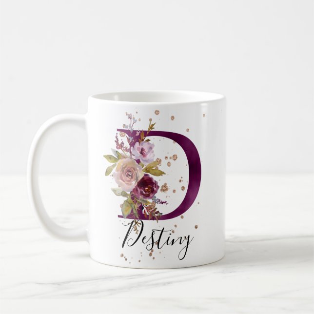 Burgundy Pink Cream Floral Letter D Monogram Coffee Mug (Left)