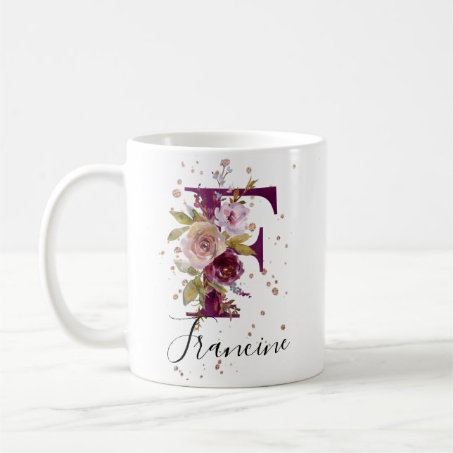 Burgundy Pink Cream Floral Letter F Monogram Coffee Mug (Left)