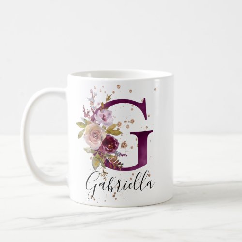 Burgundy Pink Cream Floral Letter G Monogram Coffee Mug