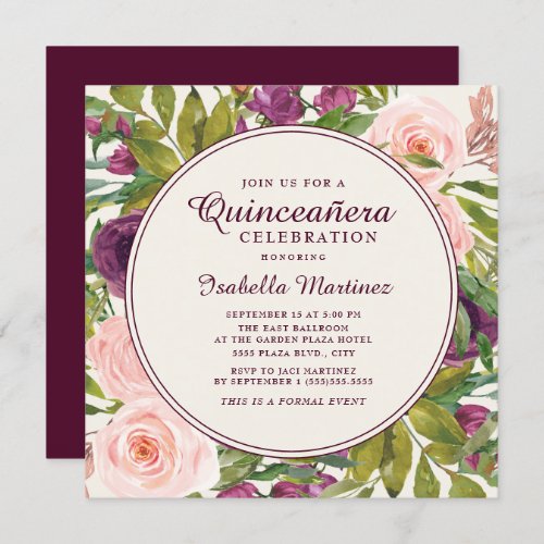 Burgundy Pink Cream Watercolor Floral Quinceaera Invitation