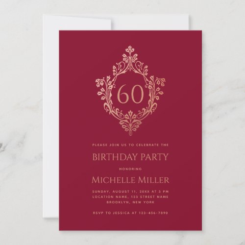 Burgundy Pink Crest Elegant Feminine 60th Birthday Invitation