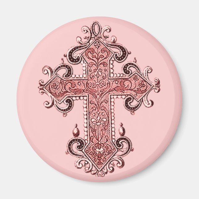 Burgundy Pink Cross Vintage Art Round Magnet! Magnet (Front)