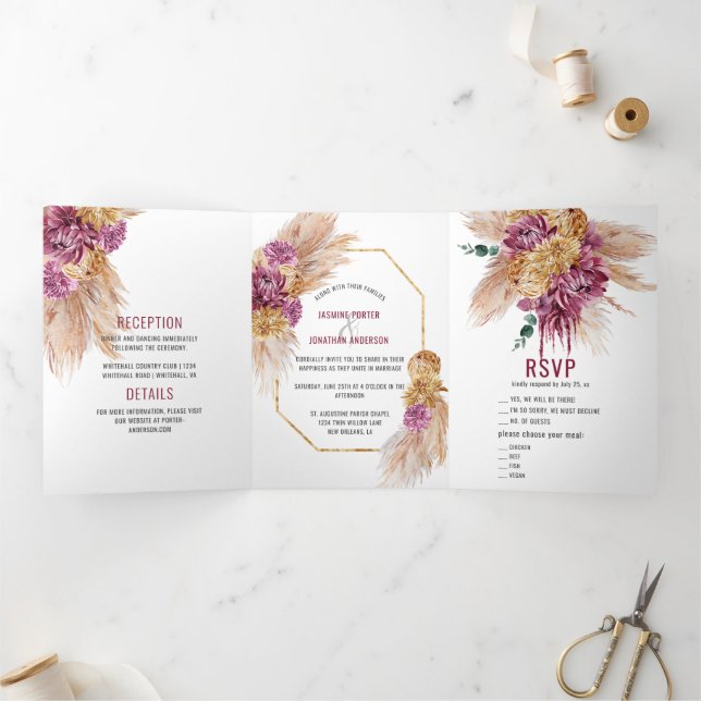 Burgundy Pink Dahlias Pampas Grass Dried Flowers Tri-Fold Invitation (Inside)