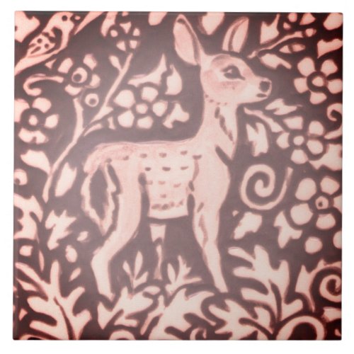 Burgundy Pink Deer Fawn Foliage Woodland Decor Art Ceramic Tile