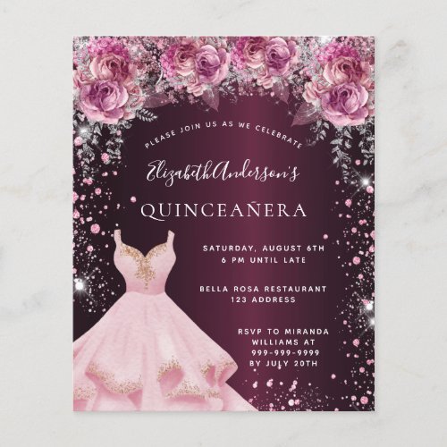 Burgundy pink dress budget Quinceanera invitation