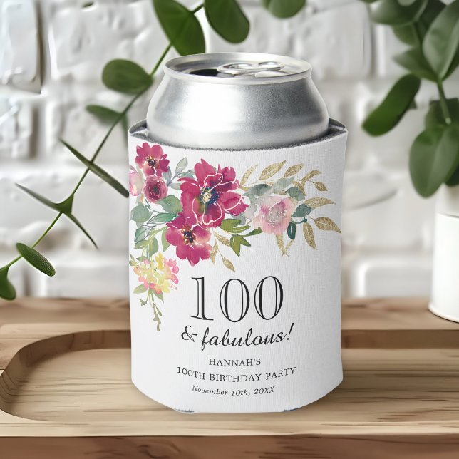 Burgundy Pink Floral 100th Birthday  Can Cooler (Creator Uploaded)