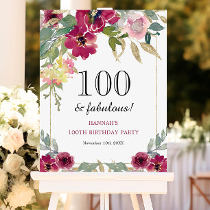 Burgundy Pink Floral 100th Birthday Foam Board
