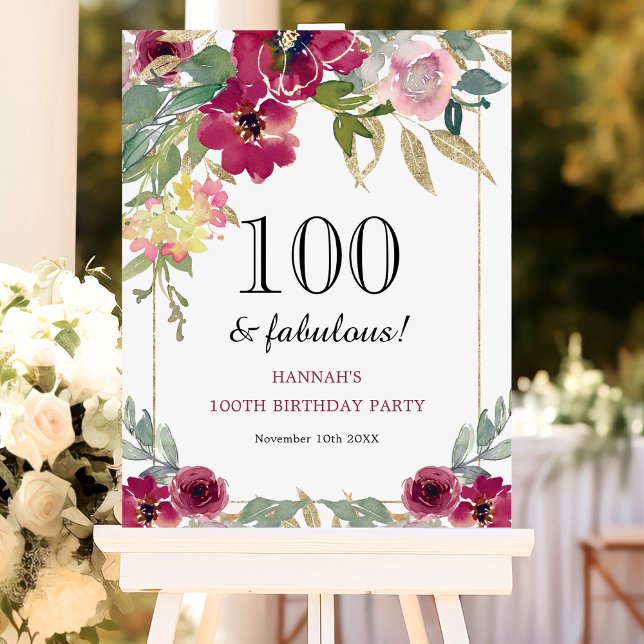 Burgundy Pink Floral 100th Birthday  Foam Board (Creator Uploaded)