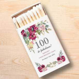 Burgundy Pink Floral 100th Birthday Matchbox Matchboxes