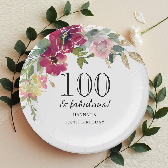 Burgundy Pink Floral 100th Birthday  Paper Plates (Creator Uploaded)
