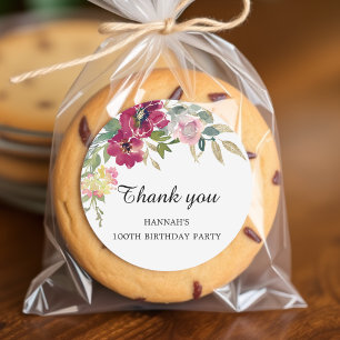 Burgundy Pink Floral 100th Birthday Thank you Classic Round Sticker