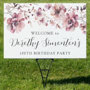Burgundy Pink Floral 100th Birthday Welcome Yard Sign