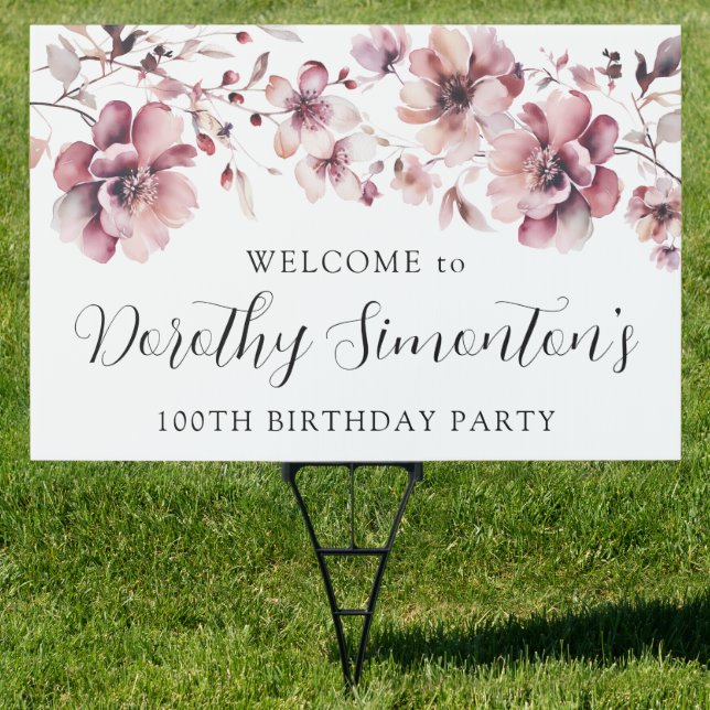 Burgundy Pink Floral 100th Birthday Welcome Yard  Sign (Insitu)