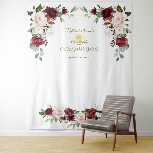 Burgundy Pink Floral 1st Holy Communion Photo Prop Tapestry
