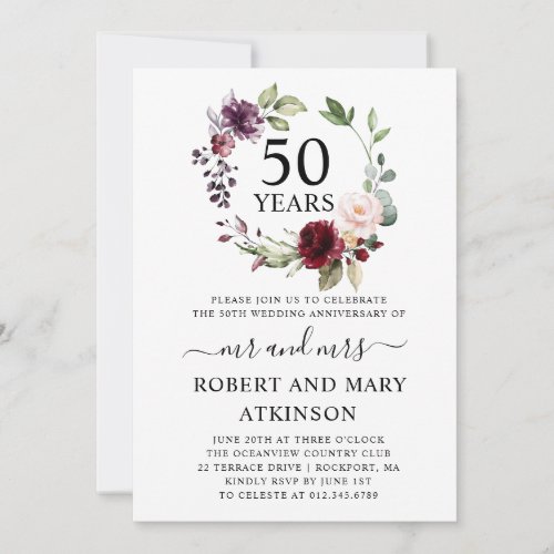 Burgundy Pink Floral 50th Wedding Anniversary Invitation