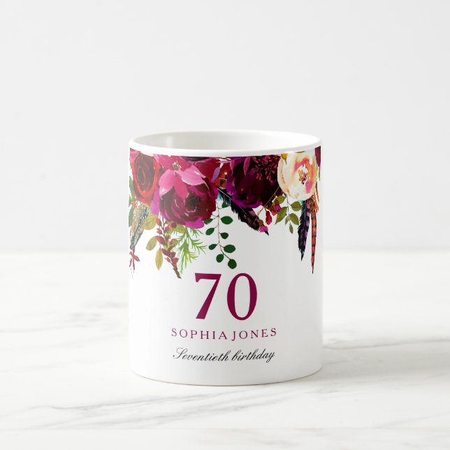 Burgundy Pink Floral 70th Birthday Guest Gift Coffee Mug (Center)