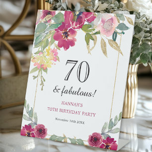 Burgundy Pink Floral 70th Birthday  Pedestal Sign