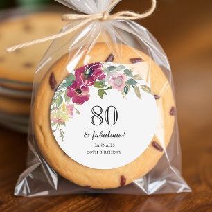 Burgundy Pink Floral 80th Birthday  Classic Round Sticker