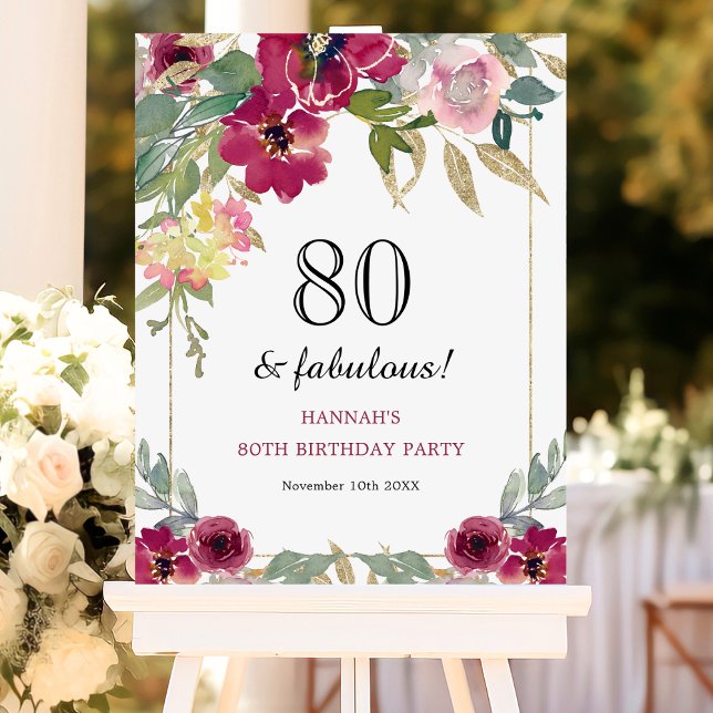 Burgundy Pink Floral 80th Birthday  Foam Board (Creator Uploaded)
