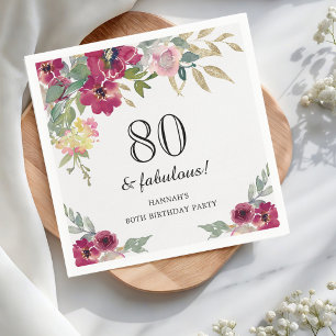 Burgundy Pink Floral 80th Birthday Napkins