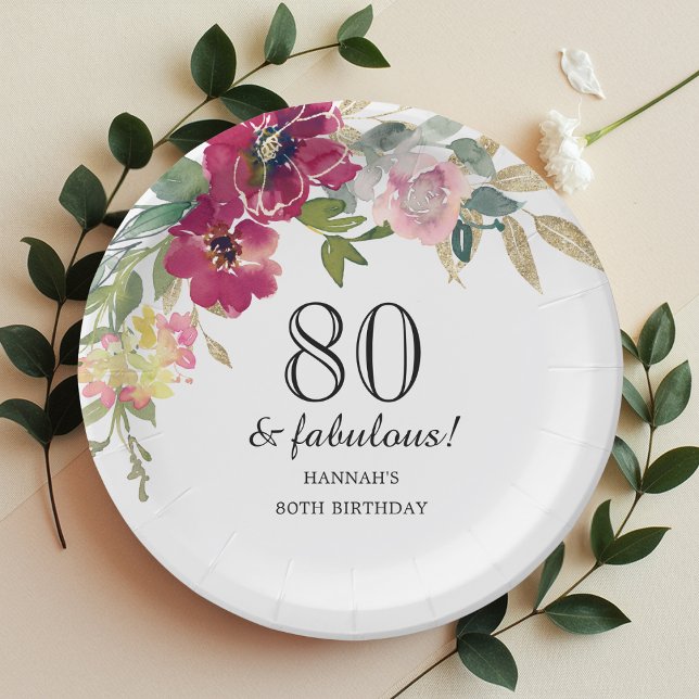 Burgundy Pink Floral 80th Birthday  Paper Plates (Creator Uploaded)