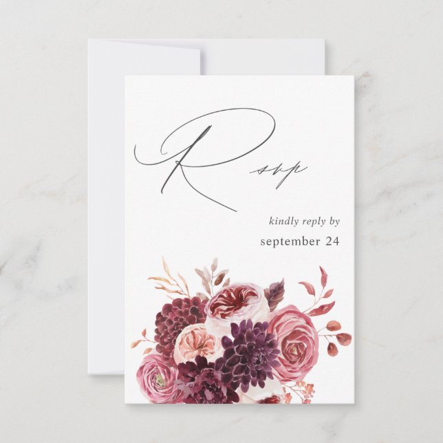 Burgundy & Pink Floral 8A w Meal RSVP (Front)