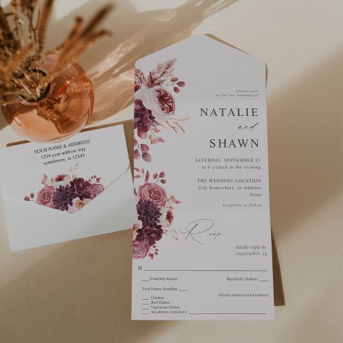 Burgundy  Pink Floral 8A Wedding All In One Invitation