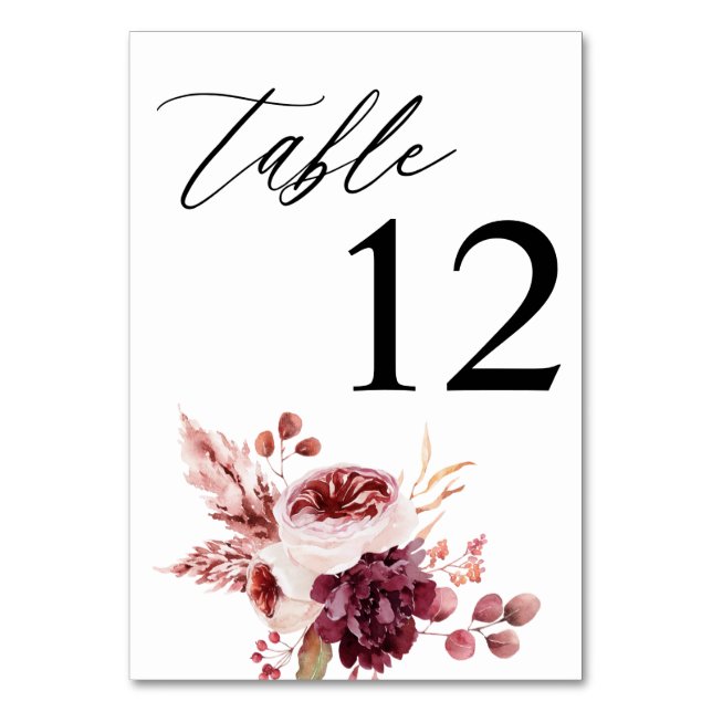 Burgundy & Pink Floral 8B Table Number (Front)