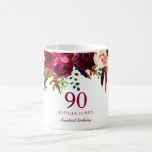 Burgundy Pink Floral 90th Birthday Guest Gift Coffee Mug