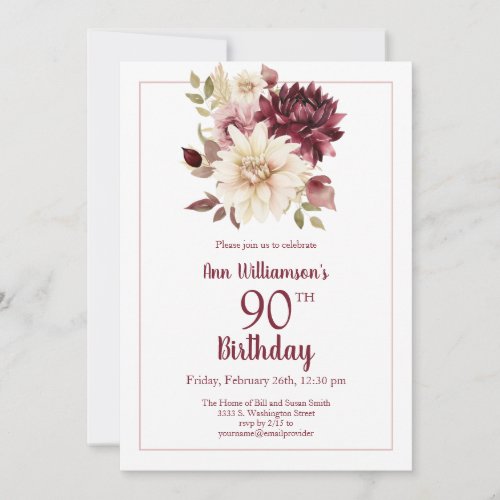 Burgundy Pink Floral 90th Birthday Invitation