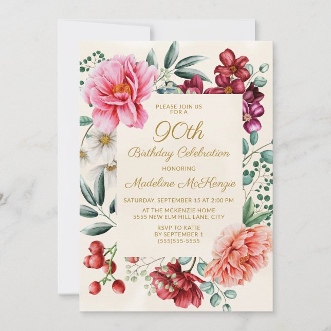 Burgundy Pink Floral 90th Birthday Invitation (Front)