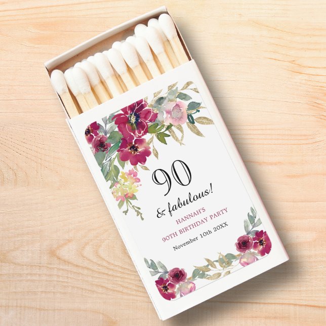 Burgundy Pink Floral 90th Birthday Matchbox Matchboxes (Creator Uploaded)