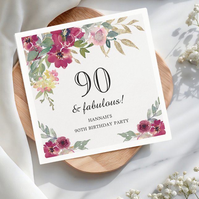 Burgundy Pink Floral 90th Birthday  Napkins (Creator Uploaded)