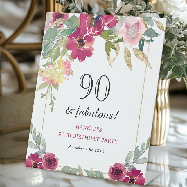 Burgundy Pink Floral 90th Birthday  Pedestal Sign (Creator Uploaded)