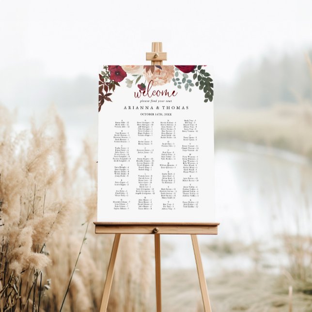 Burgundy Pink Floral Alphabetical Seating Chart   Foam Board (Creator Uploaded)
