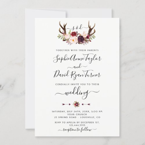 Burgundy Pink Floral Antlers Calligraphy Wedding Invitation