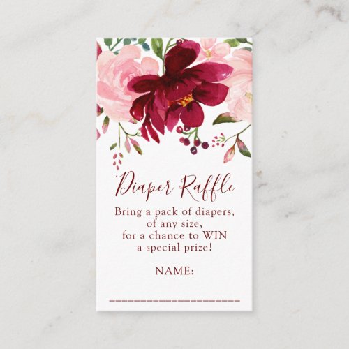 Burgundy Pink Floral  Baby Shower Diaper Raffle Enclosure Card