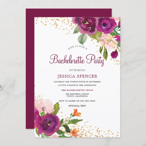 Burgundy Pink Floral Bachelorette Party Invite
