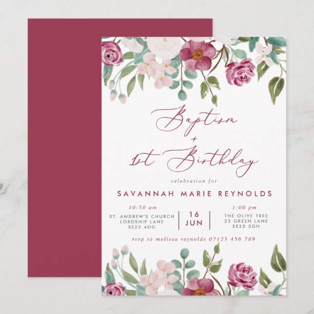 Burgundy & Pink Floral Baptism & 1st Birthday Invitation (Front/Back)