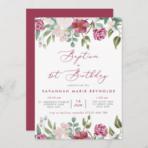 Burgundy & Pink Floral Baptism & 1st Birthday Invitation